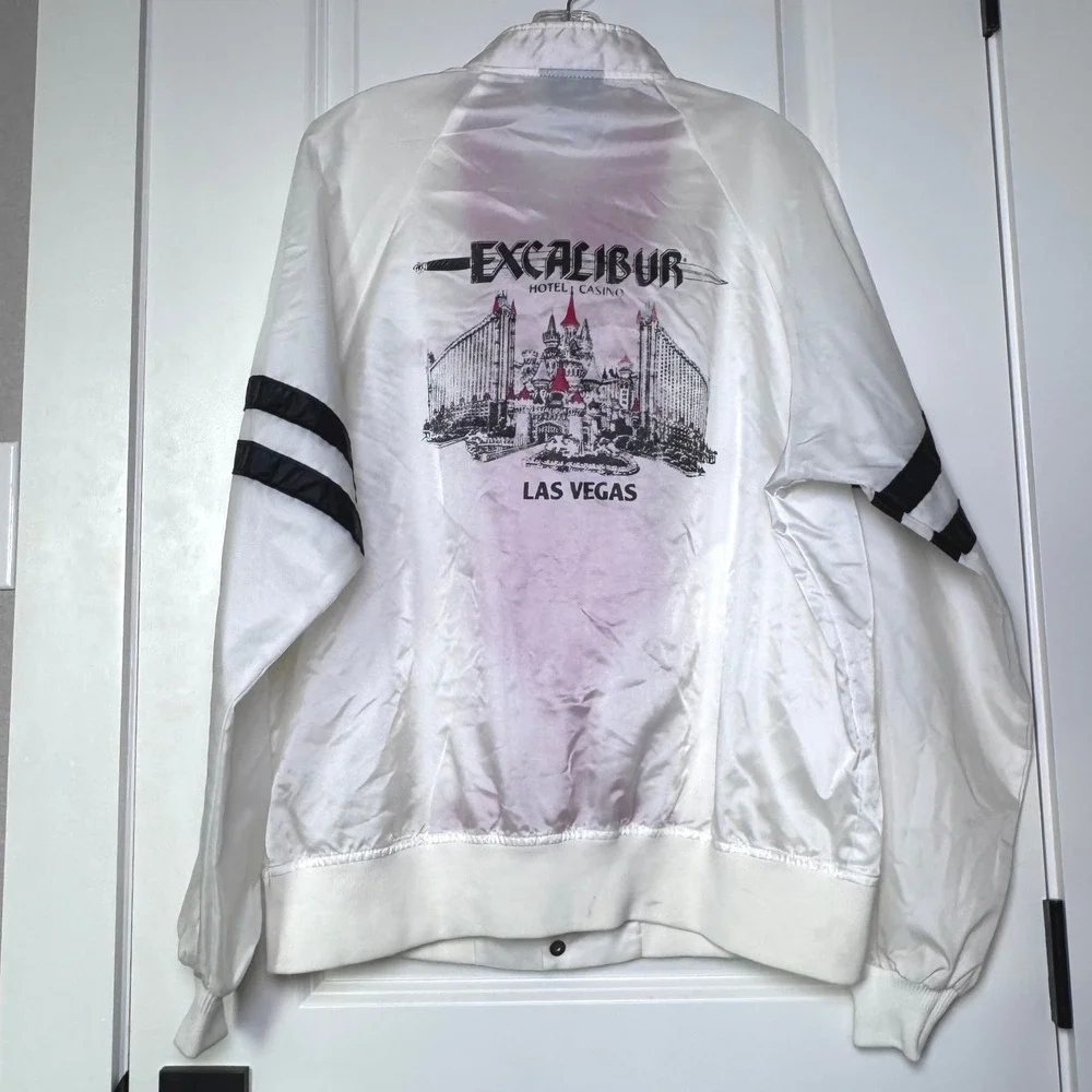 Vintage Excalibur Hotel Casino Las Vegas White Satin Bomber Jacket Mens Large